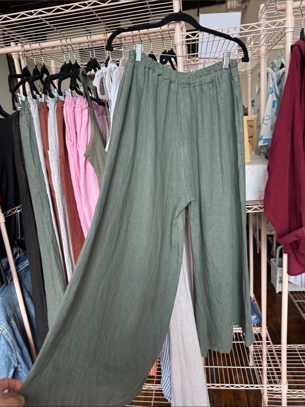 Olive Green Wide-Leg Women's Pants 100% imported Italian linen
